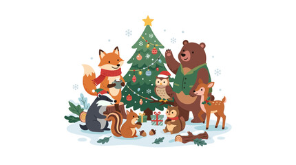 Fototapeta premium Cute Forest Animals Celebrating Christmas Together