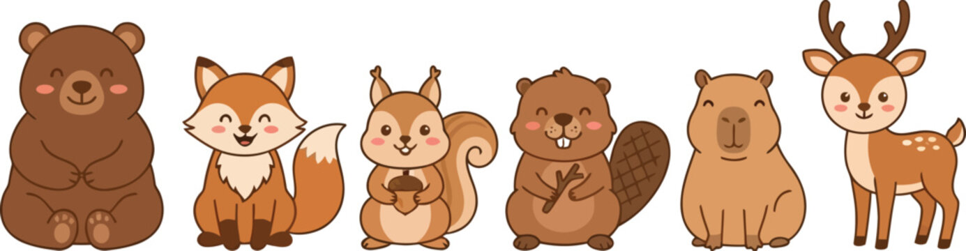 A collection of cute cartoon forest animals standing in a row.