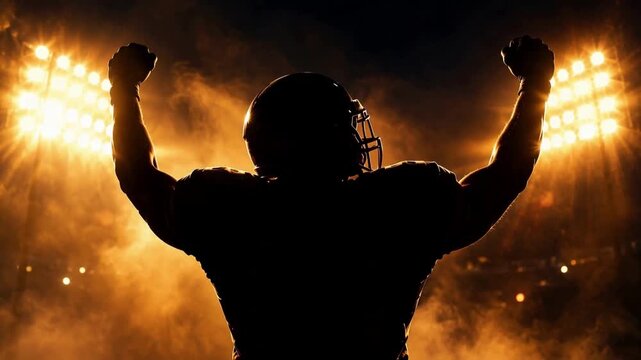 Silhouette of American football player celebrating victory under stadium lights at night, success and championship concept