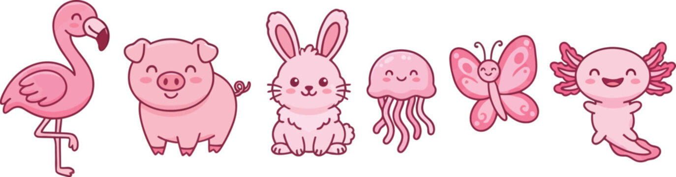 A collection of cute pink cartoon animals including a flamingo pig rabbit jellyfish butterfly and axolotl.