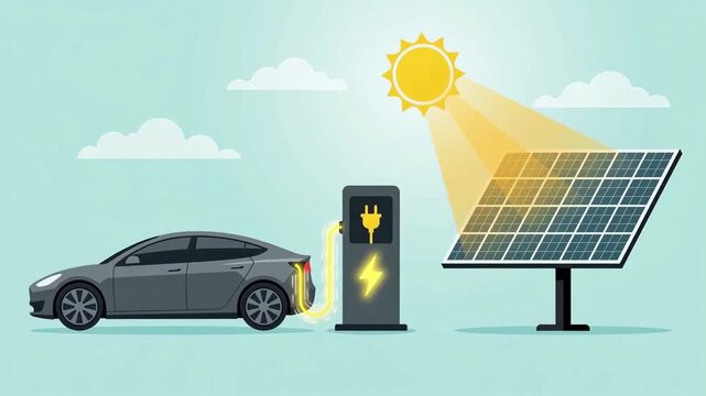 Modern grey electric car charging at solar power station, renewable energy and carbon neutrality concept vector illustration