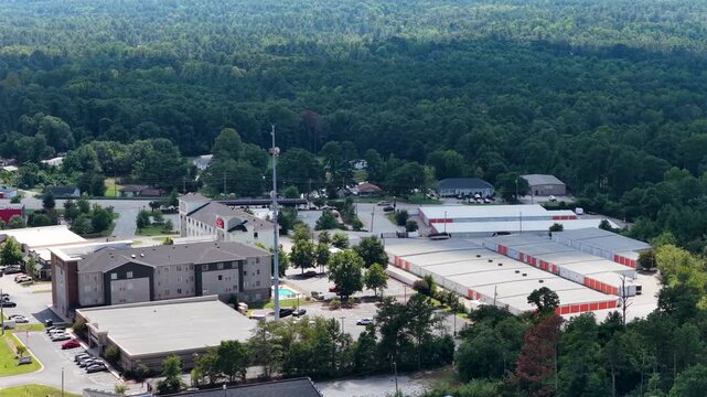 Aerial footage of buildings and trees in Augusta Georgia USA