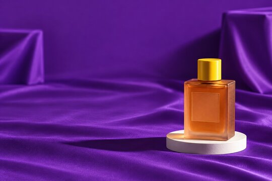 Perfume bottle with a terracotta glass flacon and yellow cap on a purple silk background, a blank mockup for fragrance and beauty branding