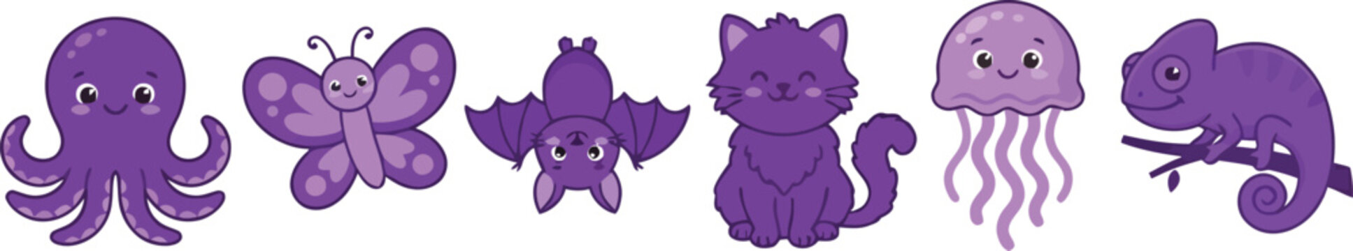 A collection of cute purple cartoon animals including an octopus butterfly bat cat jellyfish and chameleon.