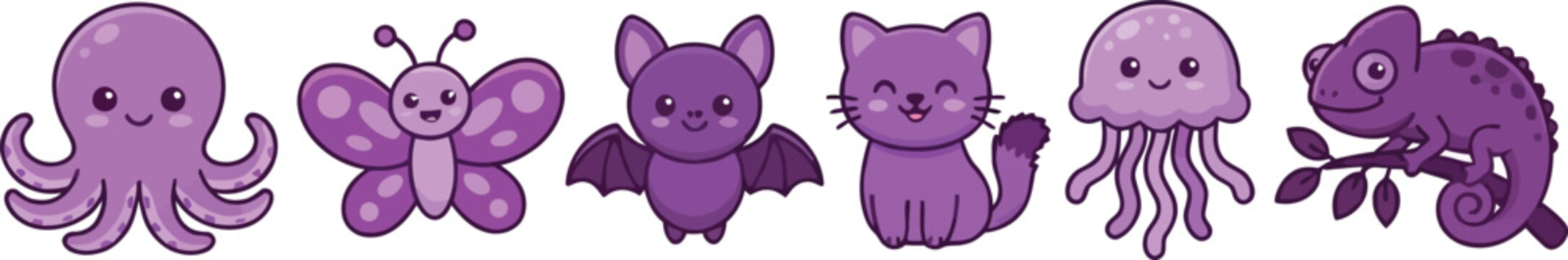 A collection of cute purple cartoon animals including an octopus butterfly bat cat jellyfish and chameleon.