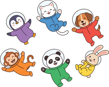 Cute cartoon animals wearing space suits floating in zero gravity.