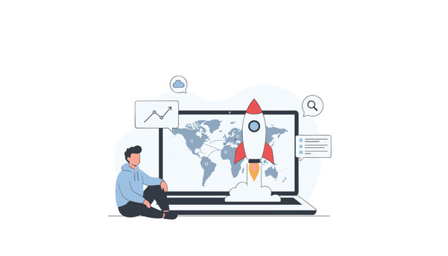 Young entrepreneur sits beside laptop displaying digital rocket launch on world map representing global startup.
