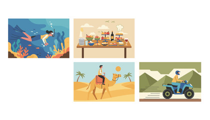 Fototapeta premium Set of four vacation travel scenes including scuba diving, beachside dining, desert camel riding, and quad biking.