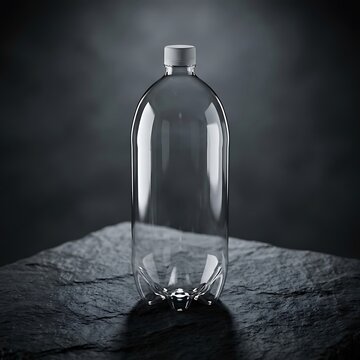 Clear empty plastic bottle standing on a dark stone surface with dramatic lighting and soft shadows. 2 liter bottle