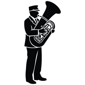 Musician playing tuba vector silhouette illustration line art for marching band music.