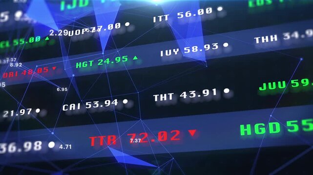 Financial Market Trend Graph and Stock Data Analytics Trading Screen. Abstract Futuristic Crypto Currency Commerce Texture Animation for Economic Analysis, Trading Indicators, and Investment Reports.