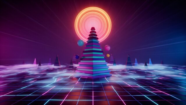 Futuristic pyramid with glowing moon in vibrant pixelated cityscape
