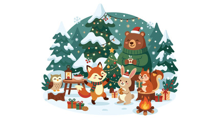 Fototapeta premium Cute Woodland Animals Celebrate Winter Holidays