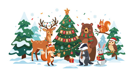 Fototapeta premium Cute forest animals celebrating Christmas together