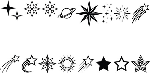Celestial star icons set featuring shooting stars planet saturn sun sparkle flare and cosmic astronomy elements collection © MISSMASUMA