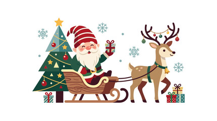 Fototapeta premium Christmas Gnome Pulling Sleigh with Reindeer and Gifts