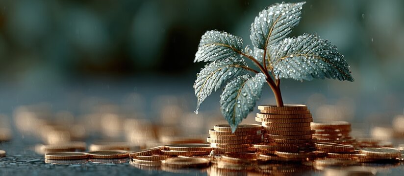 Plant growing from coin stack.