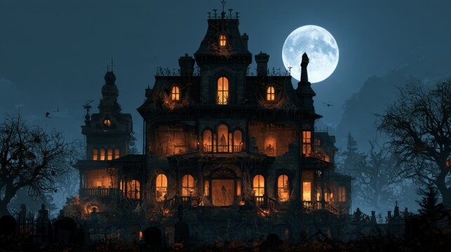Haunted old mansion at night with glowing windows under full moon surrounded by eerie dead trees and dark foggy atmosphere