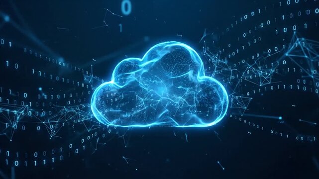 Digital Cloud Computing Network Animation with Binary Code and Glowing Nodes