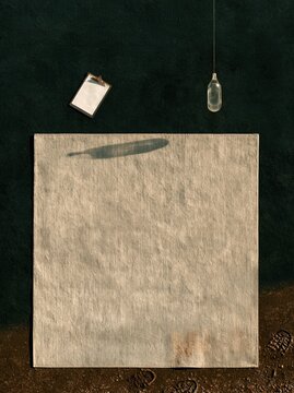 Floating clipboard and water sampling bottle over a frosty riverbank with wet gravel and a bootprint, copy space for land trust ads