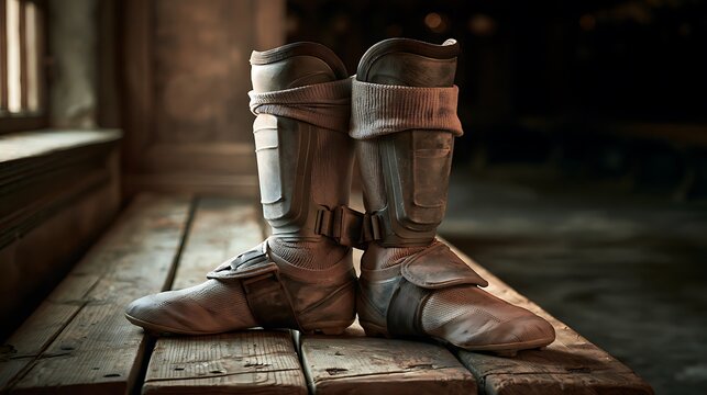 Vintage Medieval Leather Boots on Rustic Wooden Floor in Dimly Lit Room