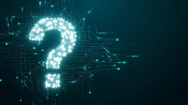 Glowing Digital Question Mark Symbol on Abstract Circuit Board Background