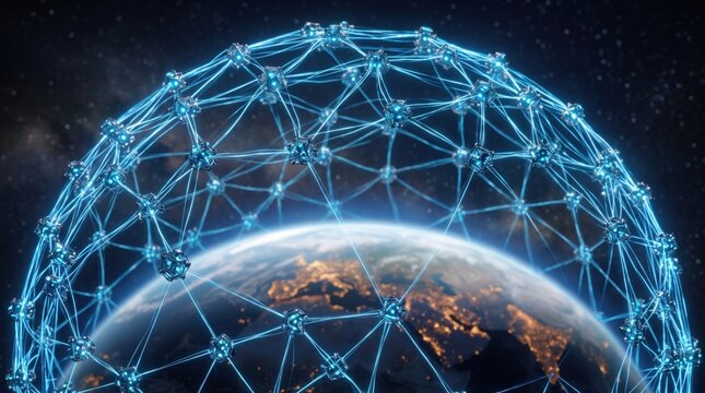 Digital network sphere over earth at night