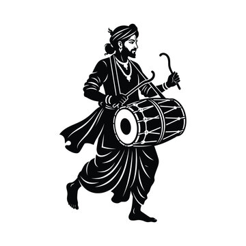 Silhouette of an indian man playing a dhol drum, traditional attire