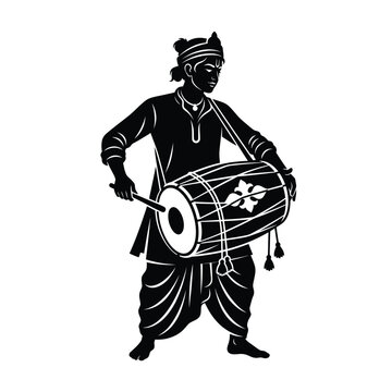 Silhouette of an indian man playing a dholak drum, traditional attire