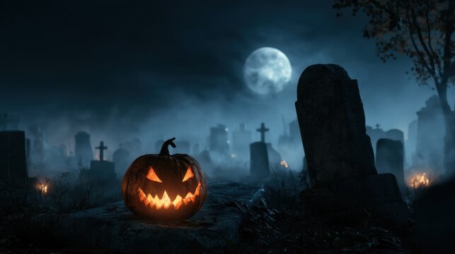 Eerie glowing carved pumpkin with sinister face on dark misty graveyard with tombstones under full moon night sky