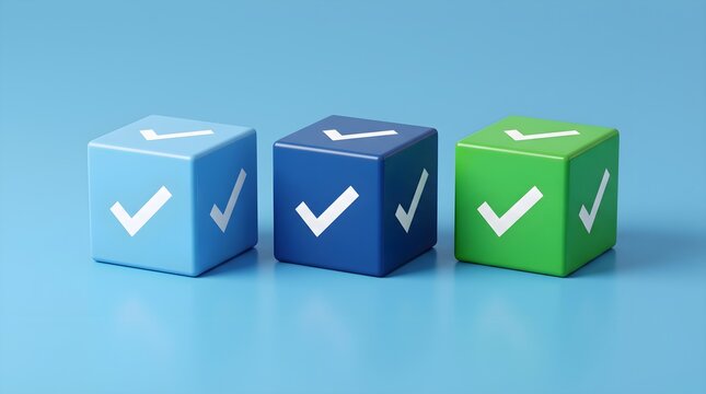 Three colorful cubes with white check marks on blue surface.