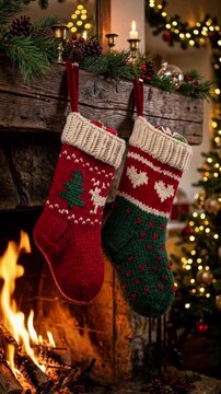Close up of two red and green knitted Christmas stockings hanging on rustic fireplace with roaring fire
