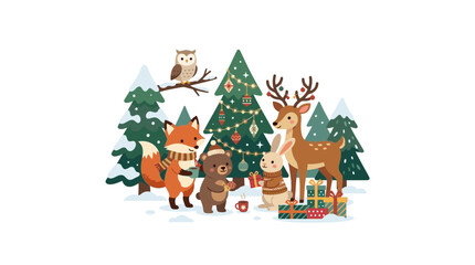 Fototapeta premium Cute Woodland Animals Celebrate Winter Holidays
