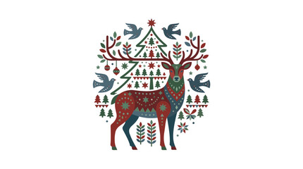 Fototapeta premium Decorative Stag with Christmas Tree and Birds Illustration