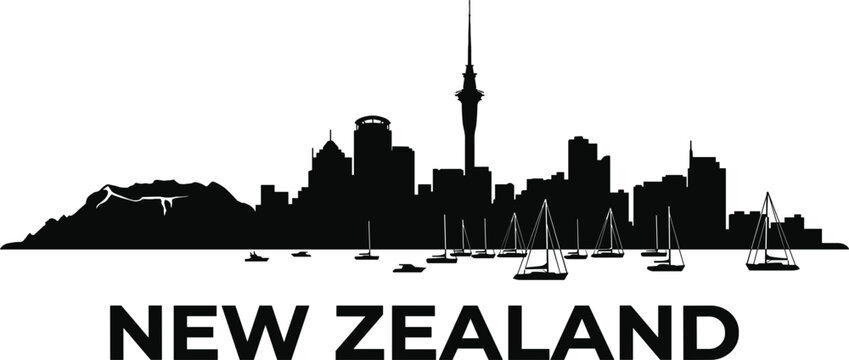 New zealand auckland city skyline vector featuring sky tower landmark harbor sailboats and volcanic mountain range backdrop