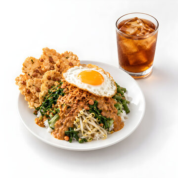 Nasi pecel with rice, vegetables, peanut sauce, fried egg and rempeyek served with iced tea.