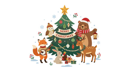 Fototapeta premium Cute Animals Celebrate Christmas Around Decorated Tree