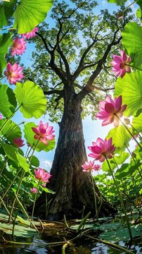 Low angle view of a giant ancient tree surrounded by blooming pink lotus flowers and green leaves