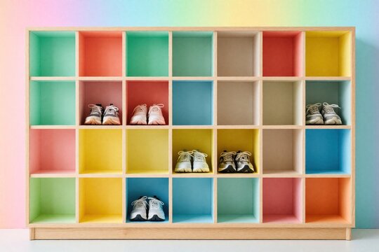 Minimalist wooden shoe rack with colorful pastel cubby holes. Several pairs of sneakers sit on bright shelves. Modern interior storage organizer with rainbow light background. Neat home decor for