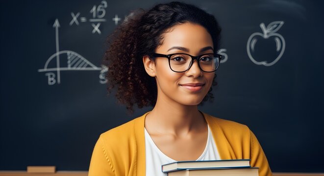 Portrait of confident young woman holding stack of books, chalkboard in background, studio lighting, diverse teacher representation