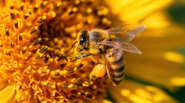 Close-up of a bee with pollen on leg collecting nectar from a vibrant yellow flower in natural sunlight macro photography detailed insect nature