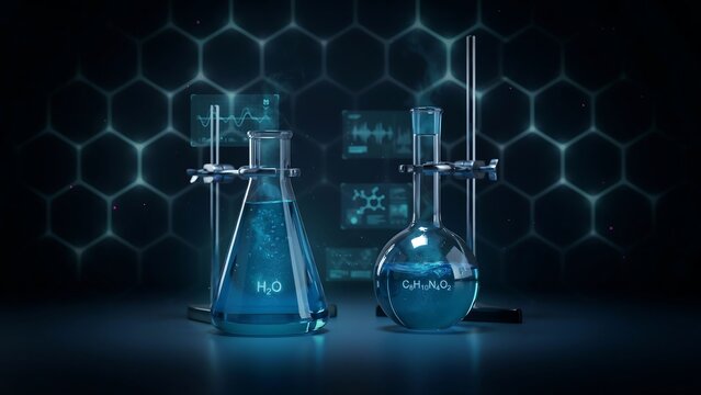 Two glass lab flasks with chemical substances on dark background