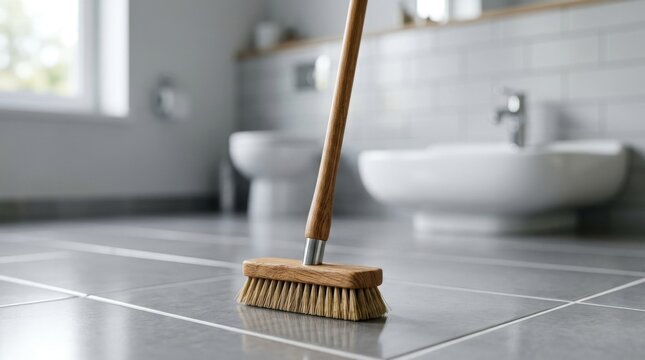 Stiff bristled broom on tiled bathroom floor for sweeping dust and debris.