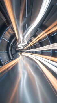 Futuristic metallic tunnel with rapid motion blur light streaks