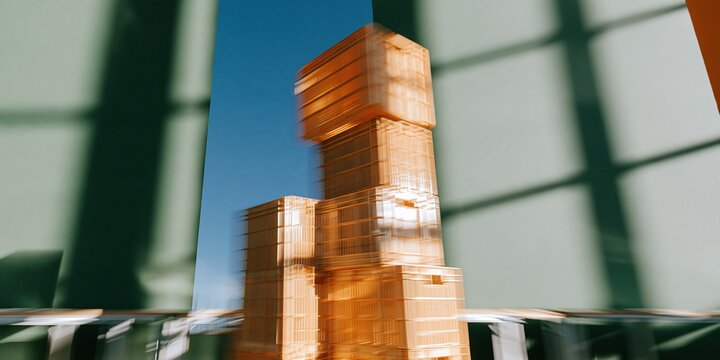 Stacked donation crates in a warm amber glow and soft green setting, featuring an abstract motion blur for charitable giving concepts