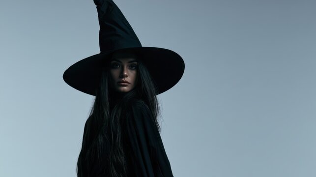Mysterious woman wearing black witch hat and cloak standing with serious expression on plain background