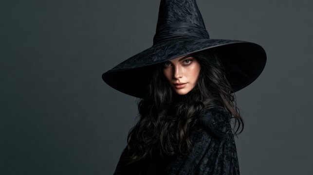 Mysterious woman with long dark hair wearing large black witch hat and dark cloak posing against gray background in studio