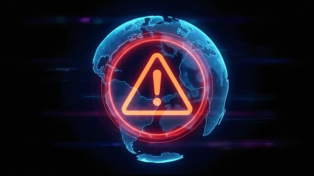 Glowing Digital Globe with Warning Sign Symbol in Cyber Space