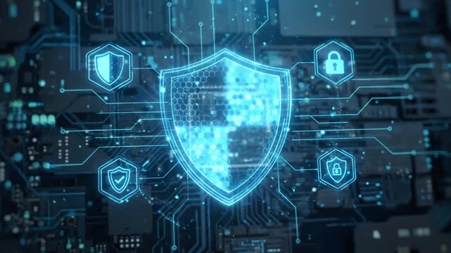 Digital Shield Icon Protecting Data on a Glowing Circuit Board Background