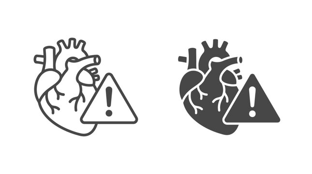 Anatomical human heart silhouette icons paired with exclamation triangle warning symbols for medical diagnostic alert graphics